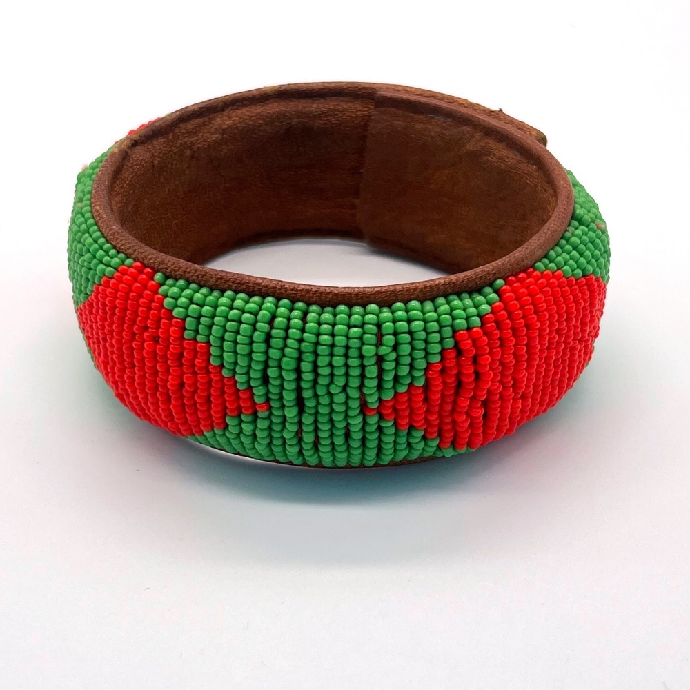Maasai Handmade Beaded Bangle Bracelet Green Red Leather Geometric Vintage